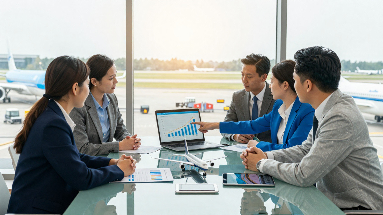 Reunião de cinco profissionais num escritório com vista para aeroporto, discutindo gráficos num computador portátil.