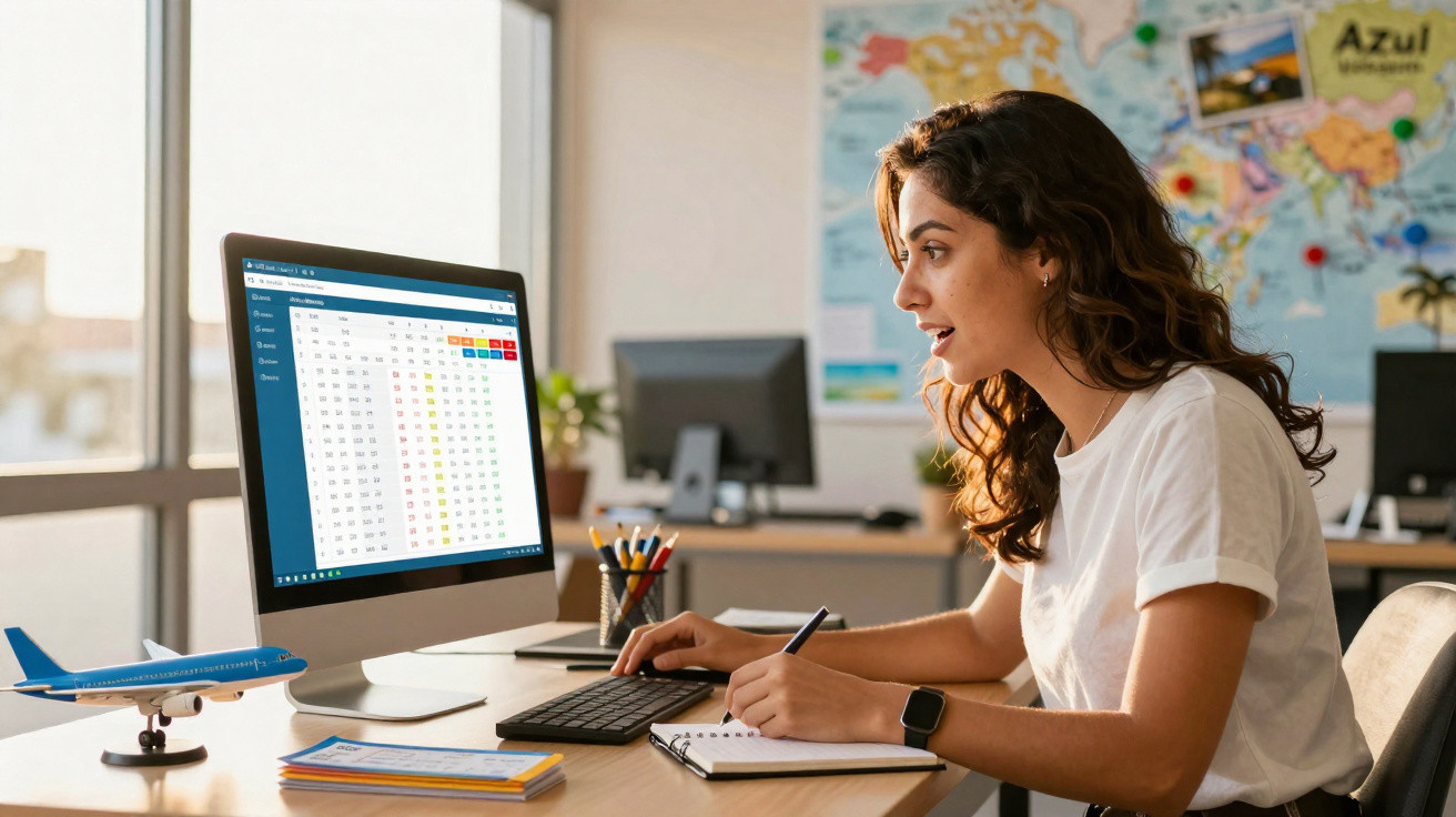 Mulher jovem a planear viagem, usando computador com tabela de voos, em escritório com mapa no fundo.