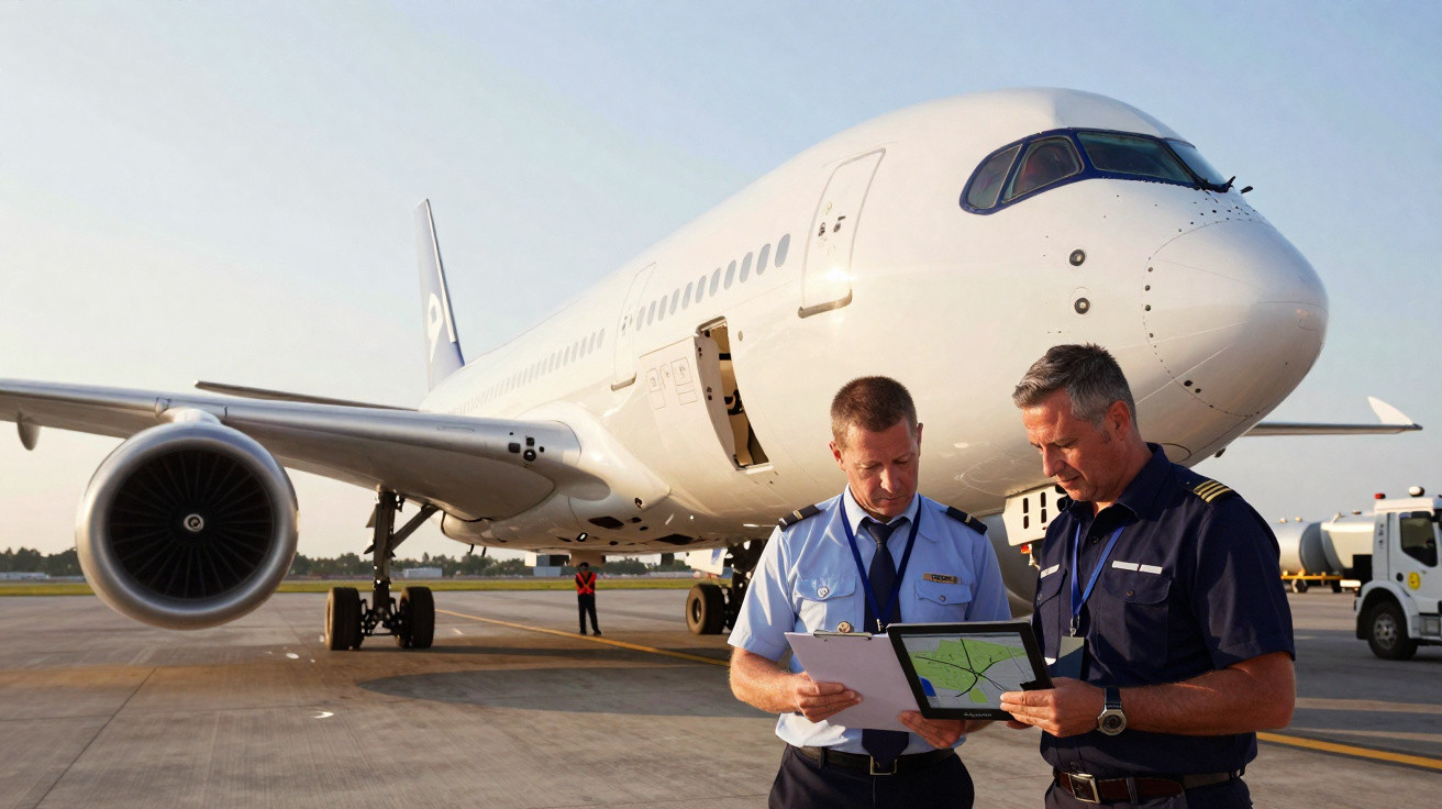 Dois pilotos em uniforme analisam documentos junto a um avião comercial estacionado na pista de um aeroporto.