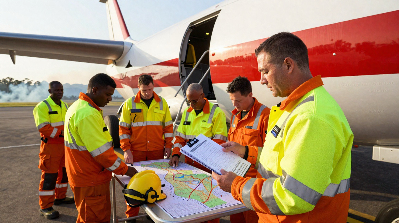 Equipa de emergência em fatos reflexivos planeia estratégia junto a avião num aeroporto ao amanhecer.