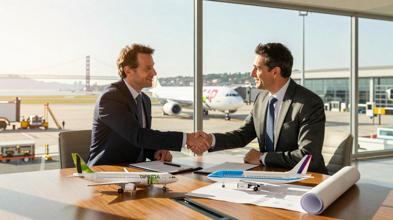 Duas homens de fato a apertar as mãos numa reunião num aeroporto, com modelos de aviões na mesa.