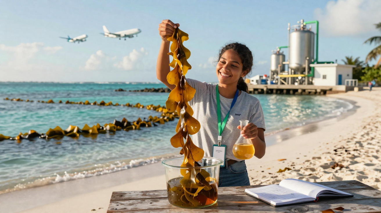 Mulher segura algas marinhas numa praia, com laboratório e aviões ao fundo, durante estudo científico.