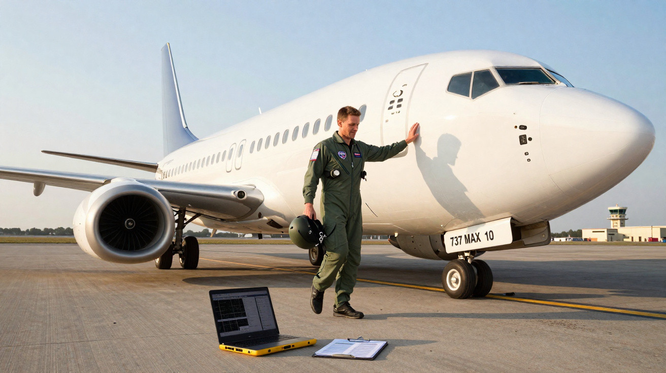 Piloto em fato de voo caminha junto a um avião Boeing 737 Max 10 no aeroporto com laptop e documentos no chão.