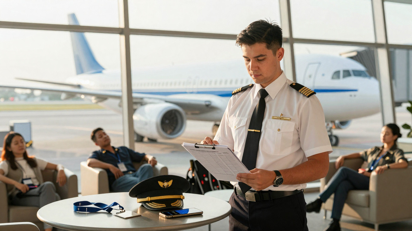 Piloto de avião em uniforme a consultar documentos no aeroporto com avião e passageiros ao fundo.