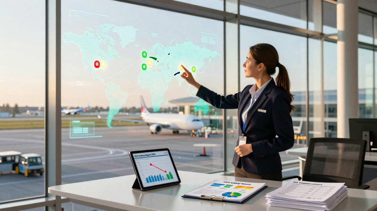 Mulher de fato profissional analisa mapa digital com dados num escritório de aeroporto com avião ao fundo.