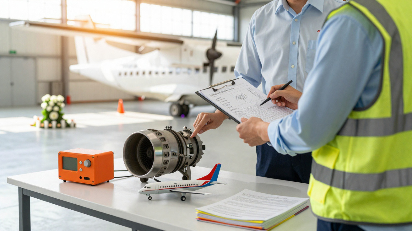 Duas pessoas a inspecionar peça de turbina e modelo de avião numa mesa num hangar de aviões.