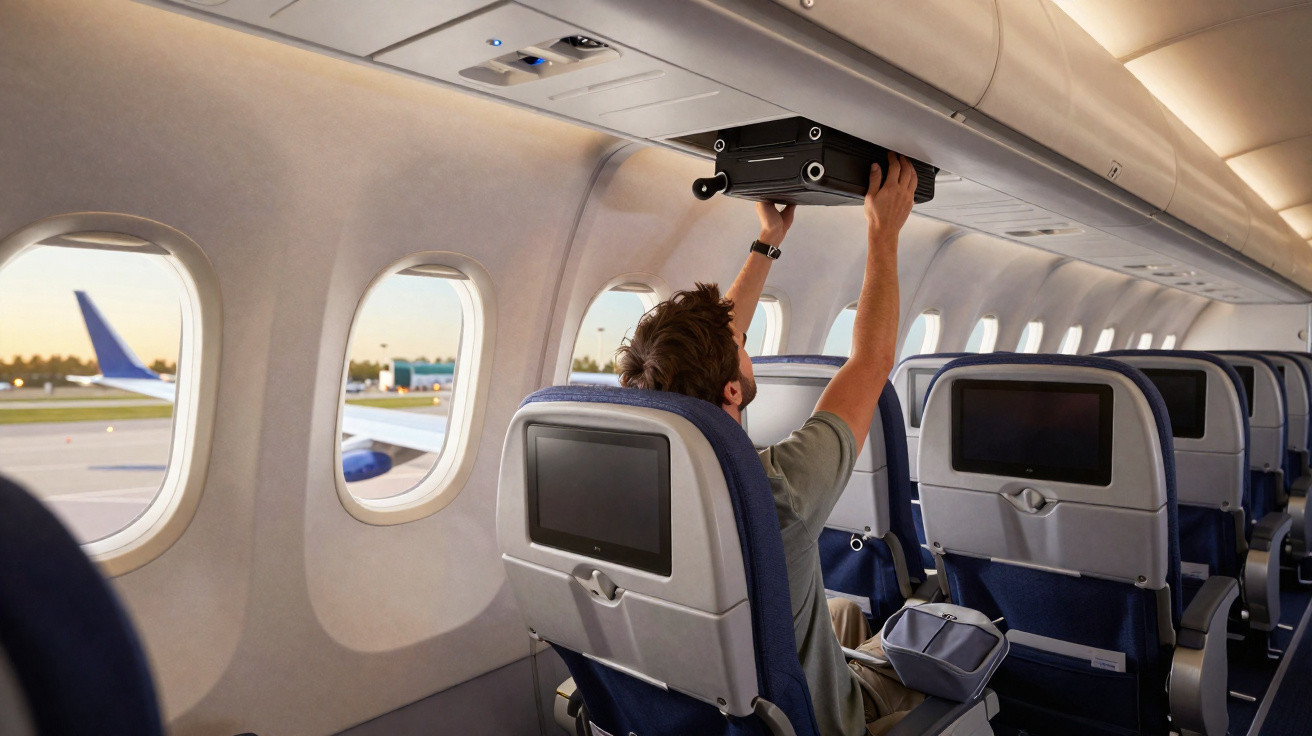 Passageiro coloca mala na bagageira num avião com assentos azuis e janelas ao lado.