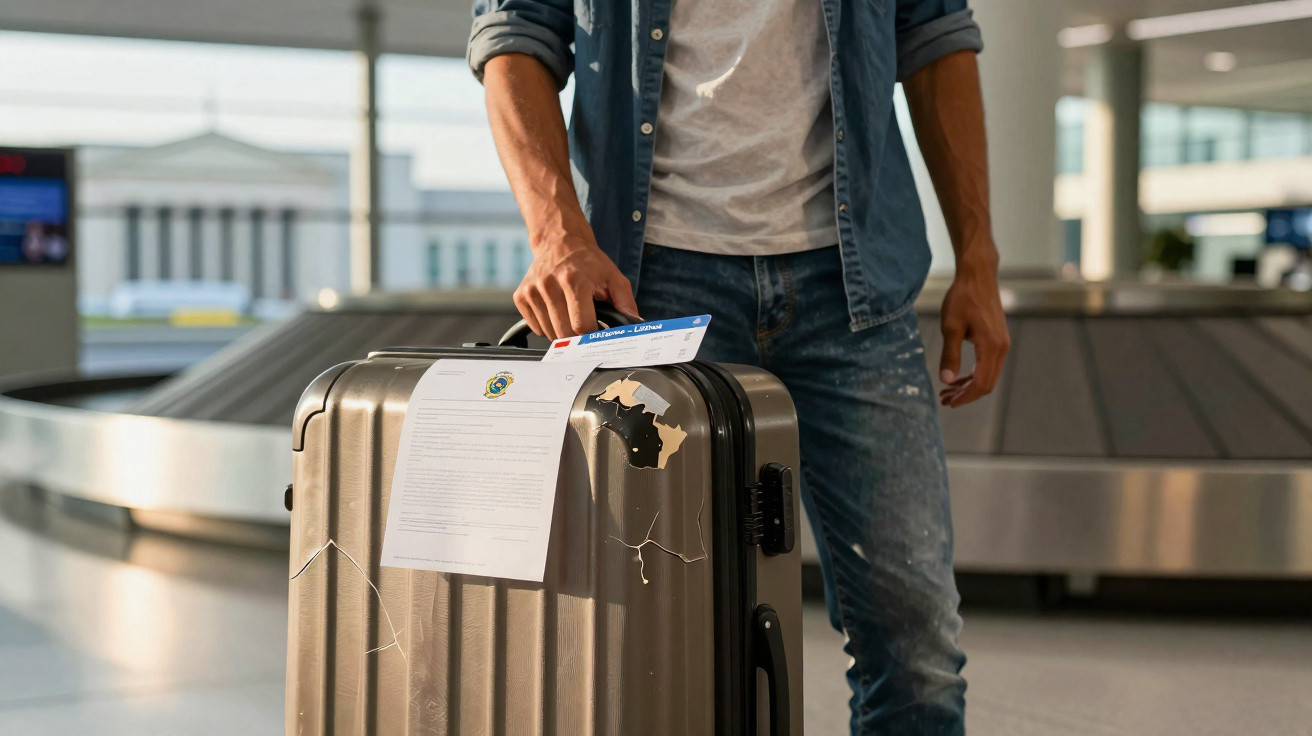 Pessoa a segurar uma mala de viagem com etiquetas numa zona de recolha de bagagens.