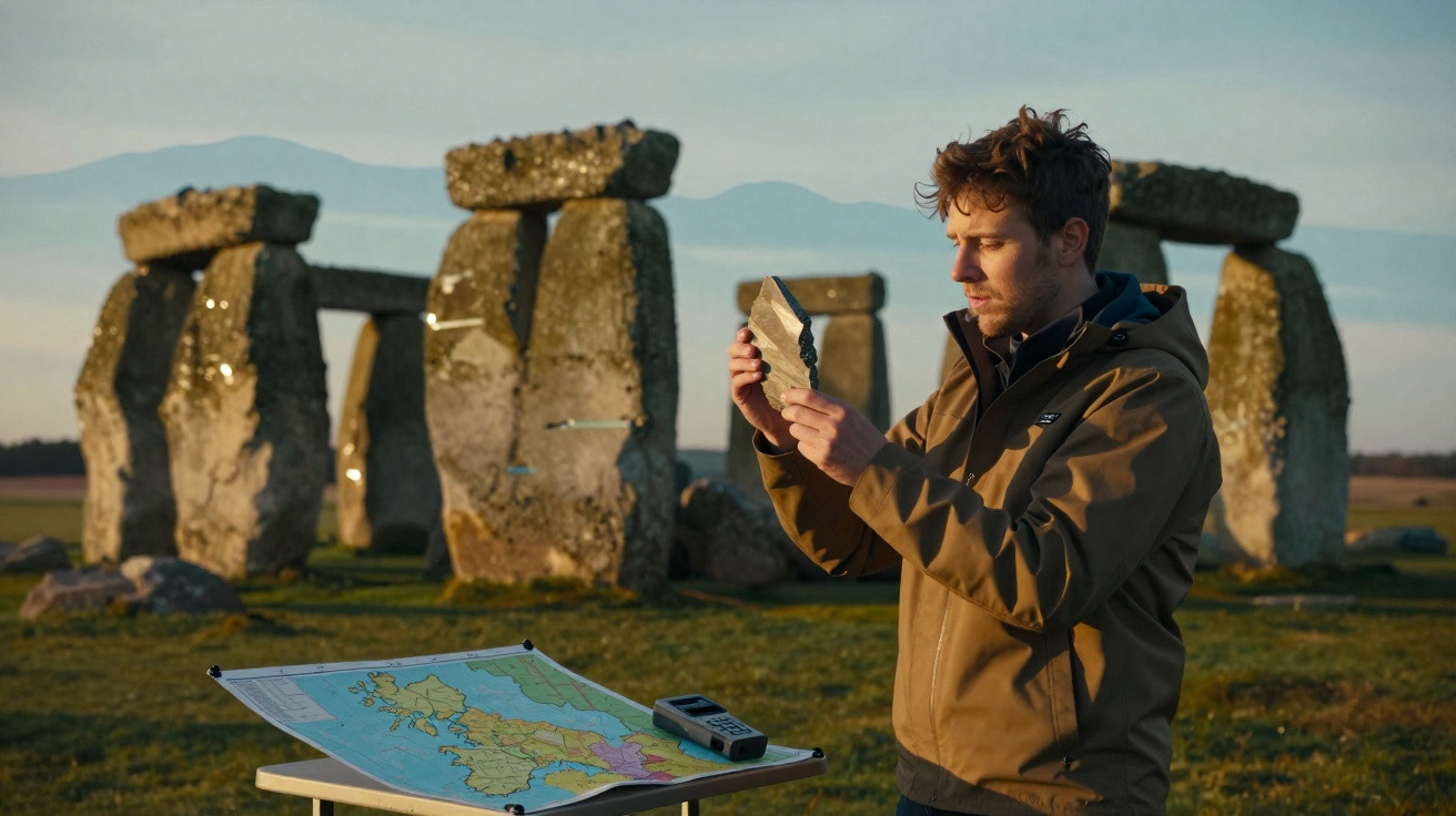 Homem a examinar objeto com mapa sobre mesa e as pedras de Stonehenge ao fundo durante o dia.