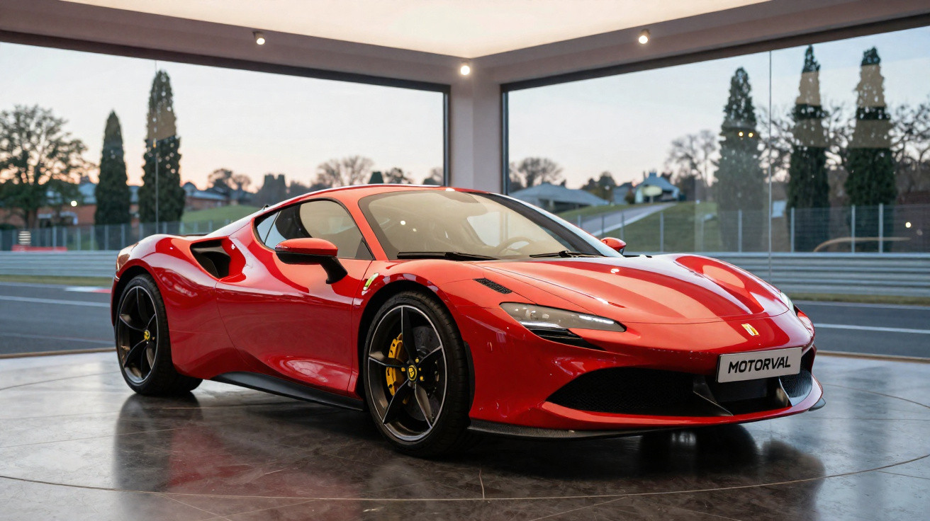 Carro desportivo vermelho Ferrari 296 GTB numa sala de exposição com janelas amplas e vista exterior.