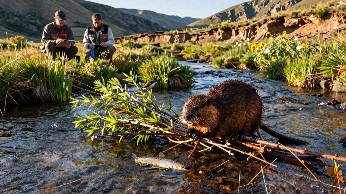 Castor numa corrente de água com ramos, em fundo de montanha, enquanto duas pessoas observam e anotam numa paisagem natural.