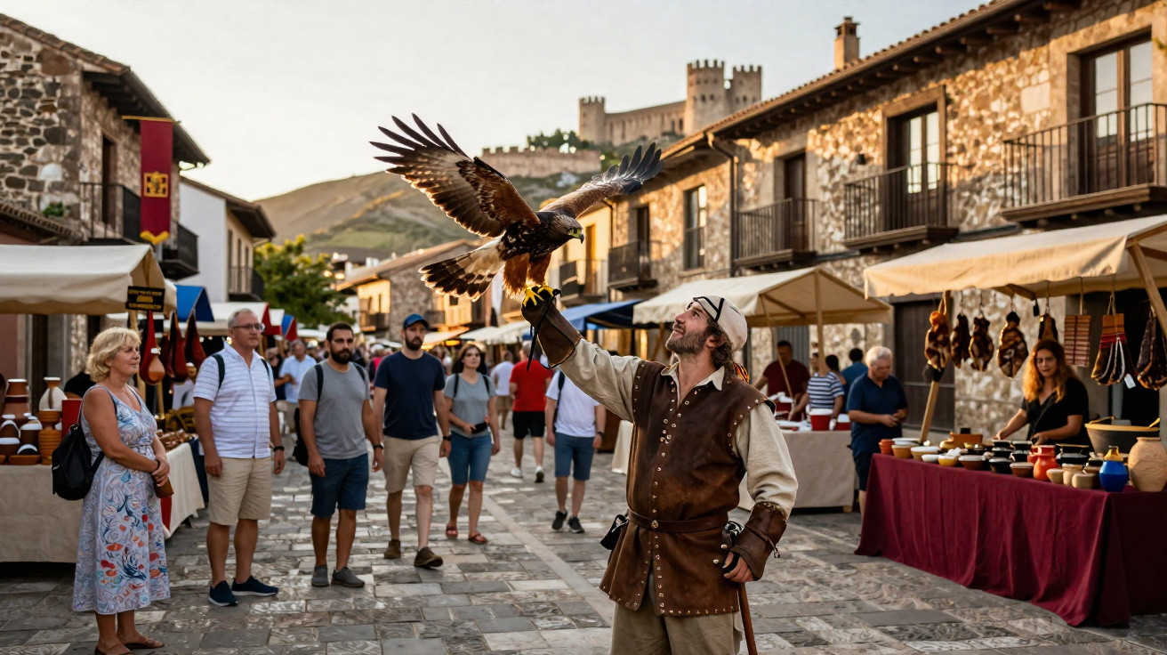 Homem vestido à moda medieval com falcão num mercado ao ar livre em vila histórica com castelo ao fundo.