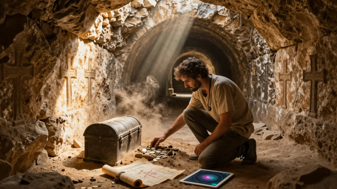 Homem agachado num túmulo antigo, examinando moedas perto de um baú e um mapa iluminado por raios de sol.