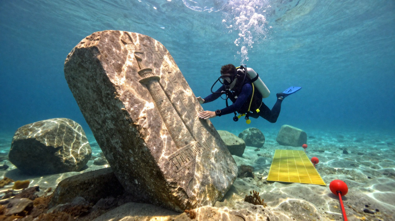 Mergulhador examina pedra submersa com relevo de farol num fundo marinho rochoso e claro.