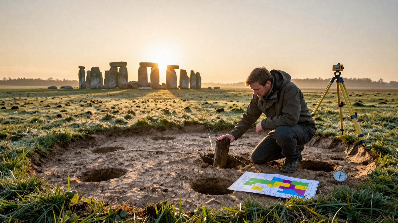 Homem a escavar sítio arqueológico próximo a Stonehenge ao nascer do sol com equipamento de medição.