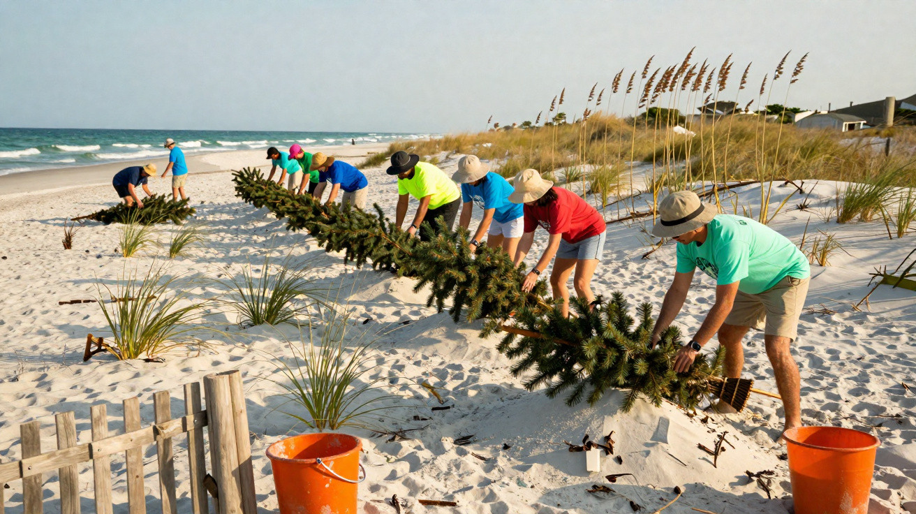 Grupo de pessoas vestidas com roupas coloridas colocam árvore de Natal gigante numa praia com areia e plantas costeiras.