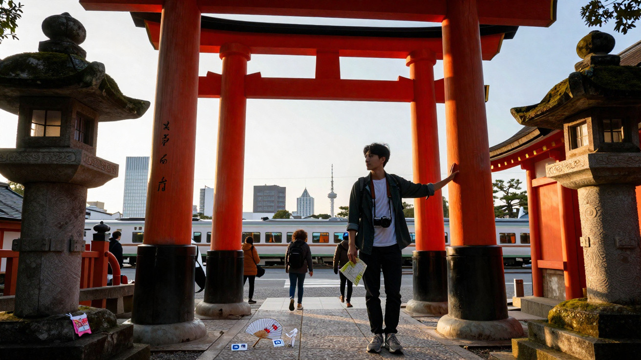Homem com mapa e câmara junto a torii vermelho num templo tradicional, com pessoas e comboio ao fundo.