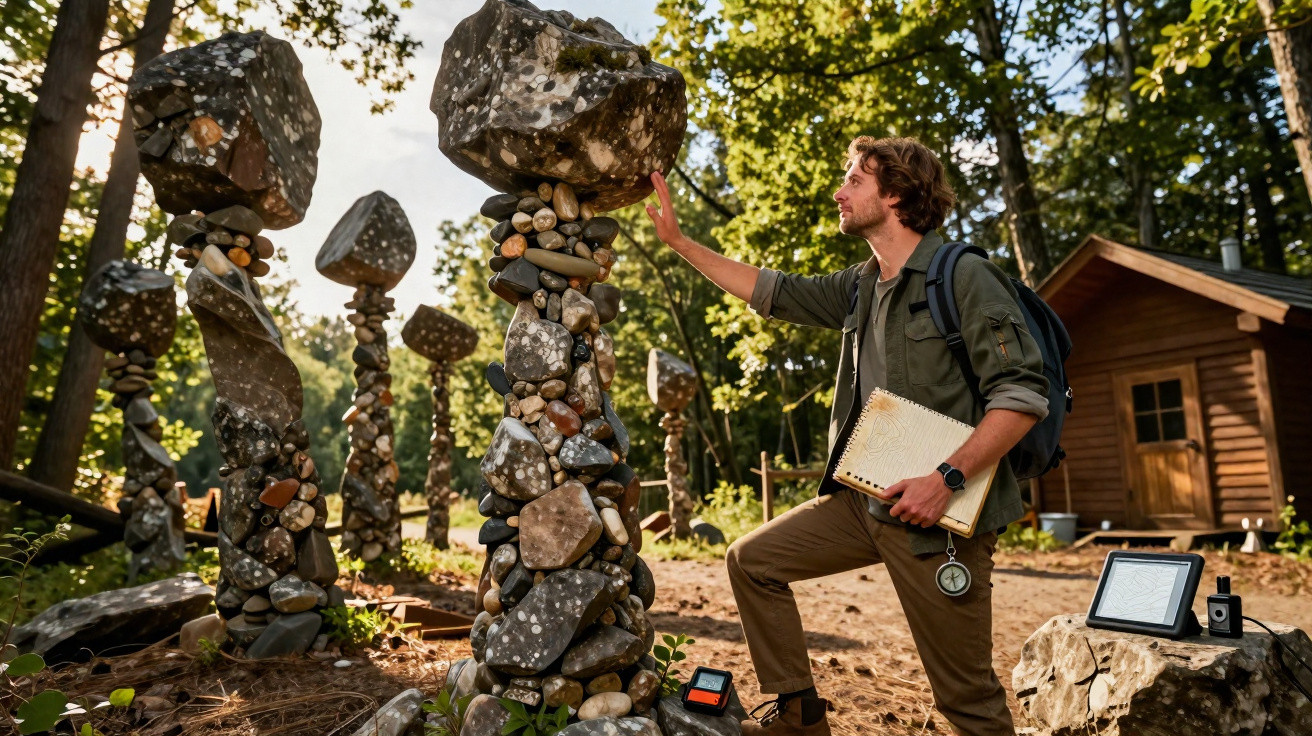 Homem observa torres de pedras equilibradas numa floresta com uma cabana ao fundo em dia soalheiro.