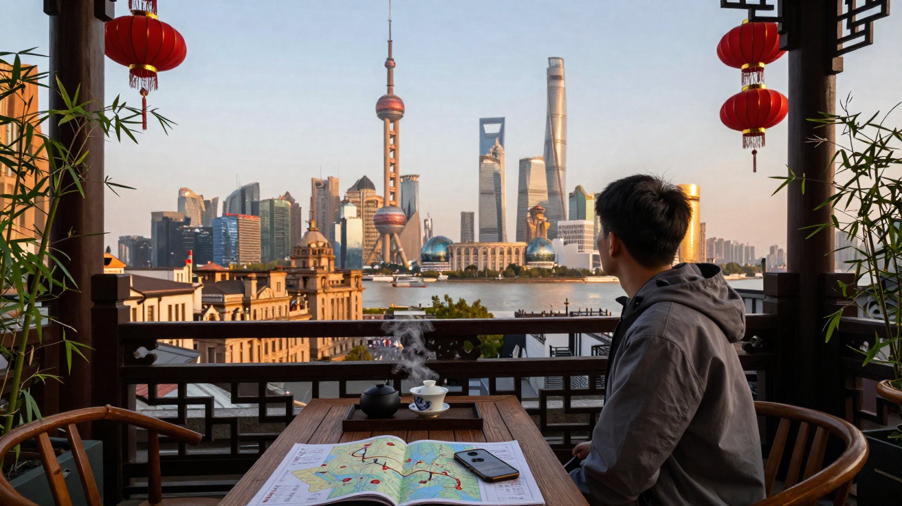 Pessoa sentada numa esplanada tradicional chinesa com vista para o horizonte moderno de Xangai ao pôr do sol.