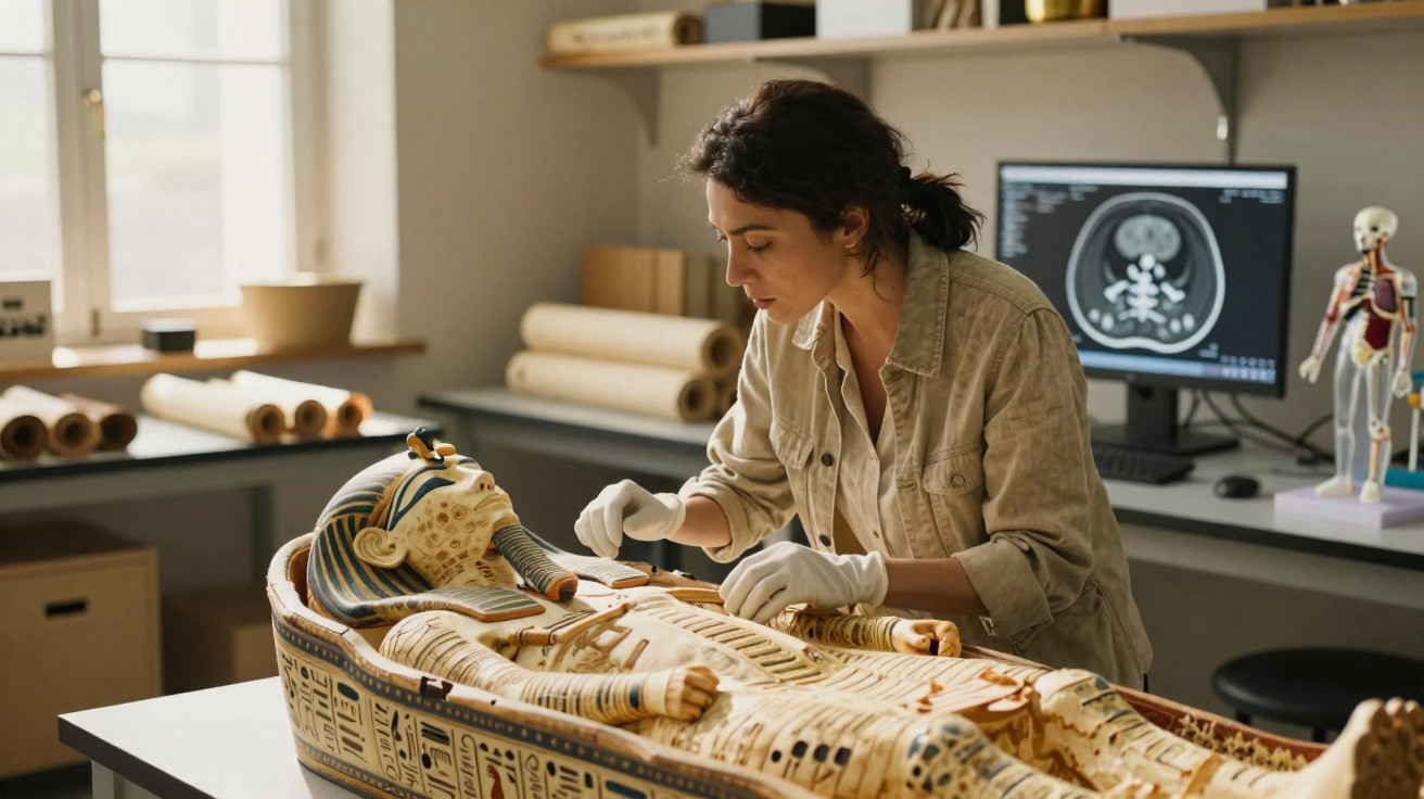 Mulher estudando e restaurando um sarcófago egípcio numa sala de arqueologia com imagens médicas ao fundo.