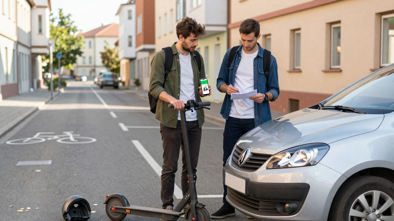 Dois homens com trotinetas consultam o telemóvel e um papel numa rua urbana junto a um carro estacionado.