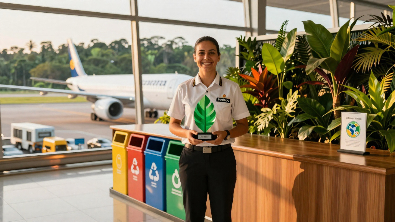 Mulher em uniforme segura prémio ambiental no aeroporto, com avião e contentores de reciclagem ao fundo.