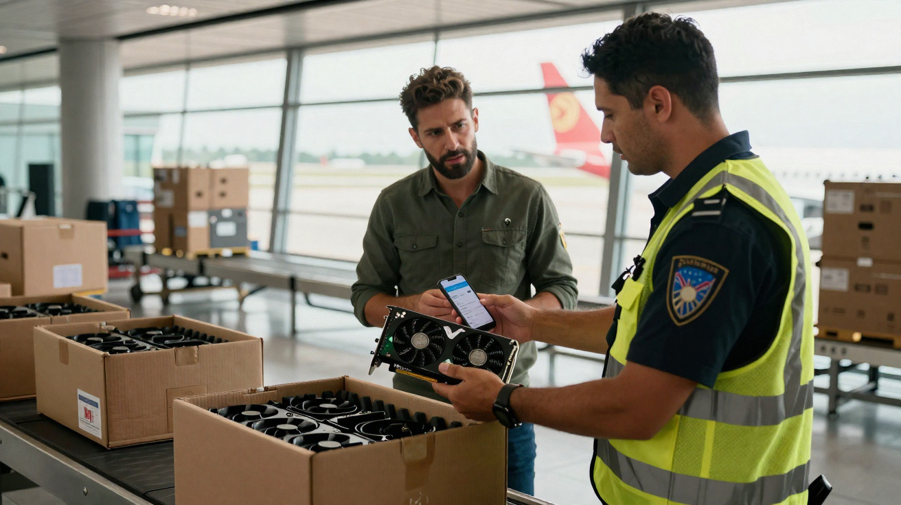 Homem com colete refletor inspeciona equipamento eletrónico enquanto outro observa numa área de aeroporto.