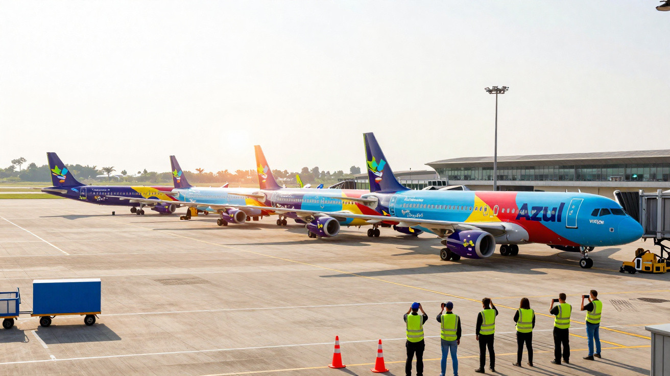 Aviões da companhia Azul alinhados no aeroporto com seis trabalhadores a observar no primeiro plano.