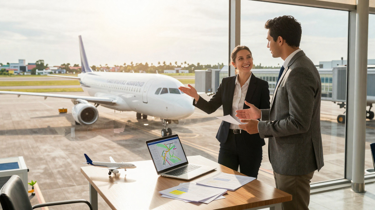 Duas pessoas a discutir planos de voo junto a uma janela com vista para um avião estacionado no aeroporto.