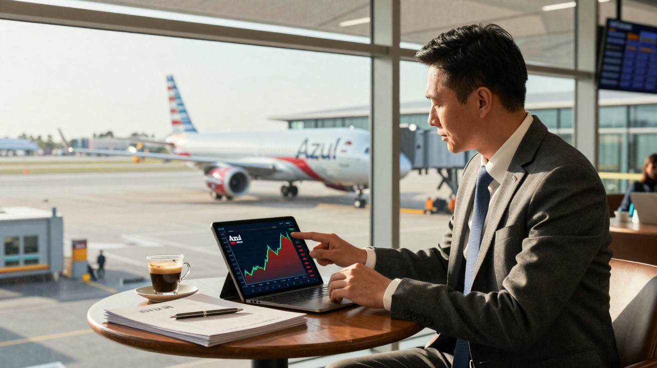 Homem de negócios analisa gráfico de ações num tablet numa cafetaria do aeroporto com avião ao fundo.