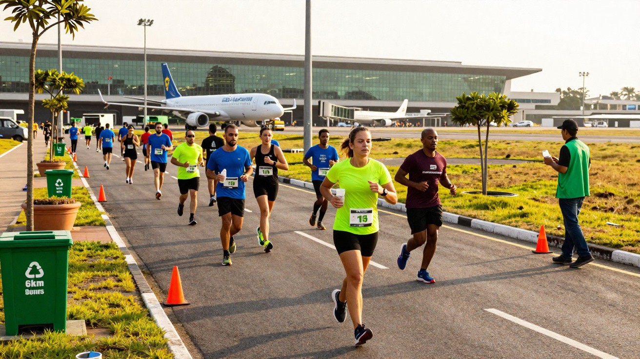 Grupo de pessoas a correr numa maratona junto a aeroporto com avião estacionado ao fundo.
