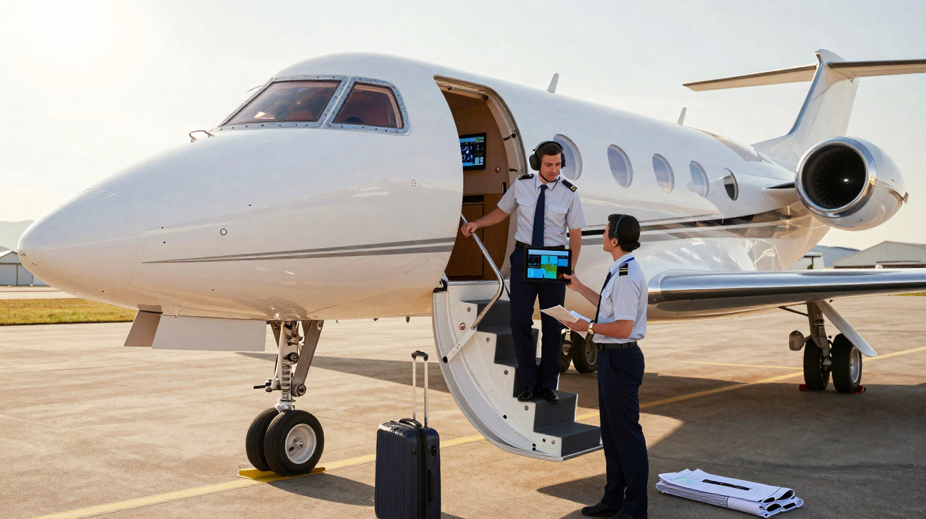 Dois pilotos junto à porta aberta de um jato privado branco no aeroporto, com malas e documentos.