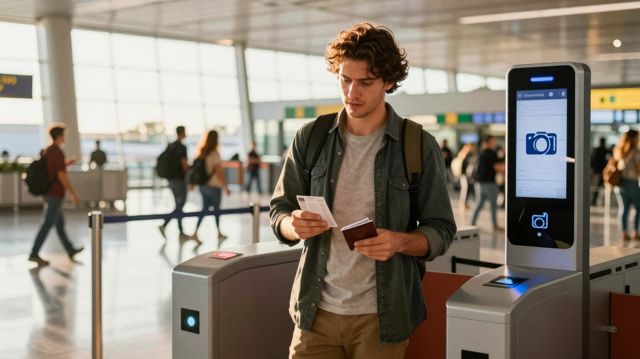 Homem jovem com mochila verifica documentos antes de passar por controlo no aeroporto movimentado.