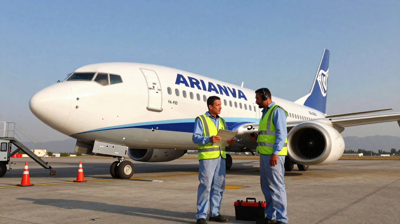 Dois trabalhadores de pista em coletes refletivos conversam junto a avião da Arianna no aeroporto.