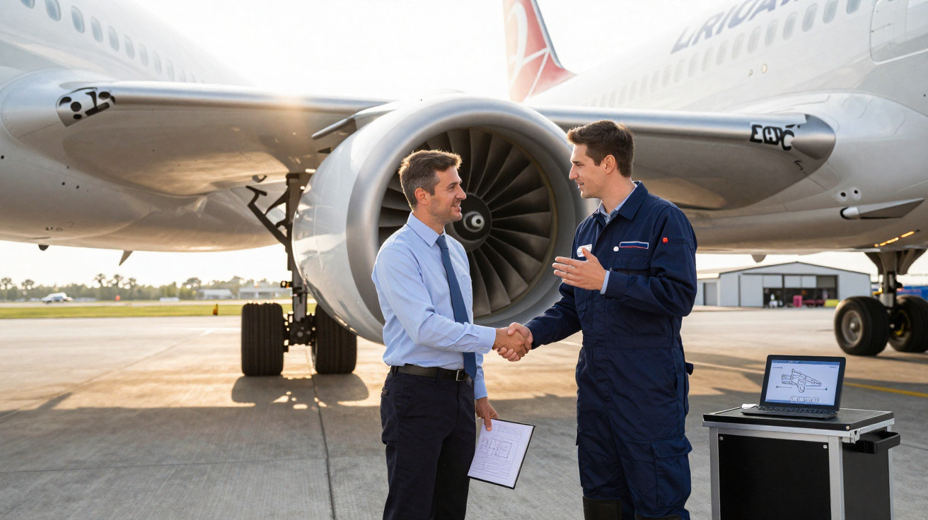 Dois profissionais cumprimentam-se junto a um avião no aeroporto, um com fato e outro com uniforme técnico.