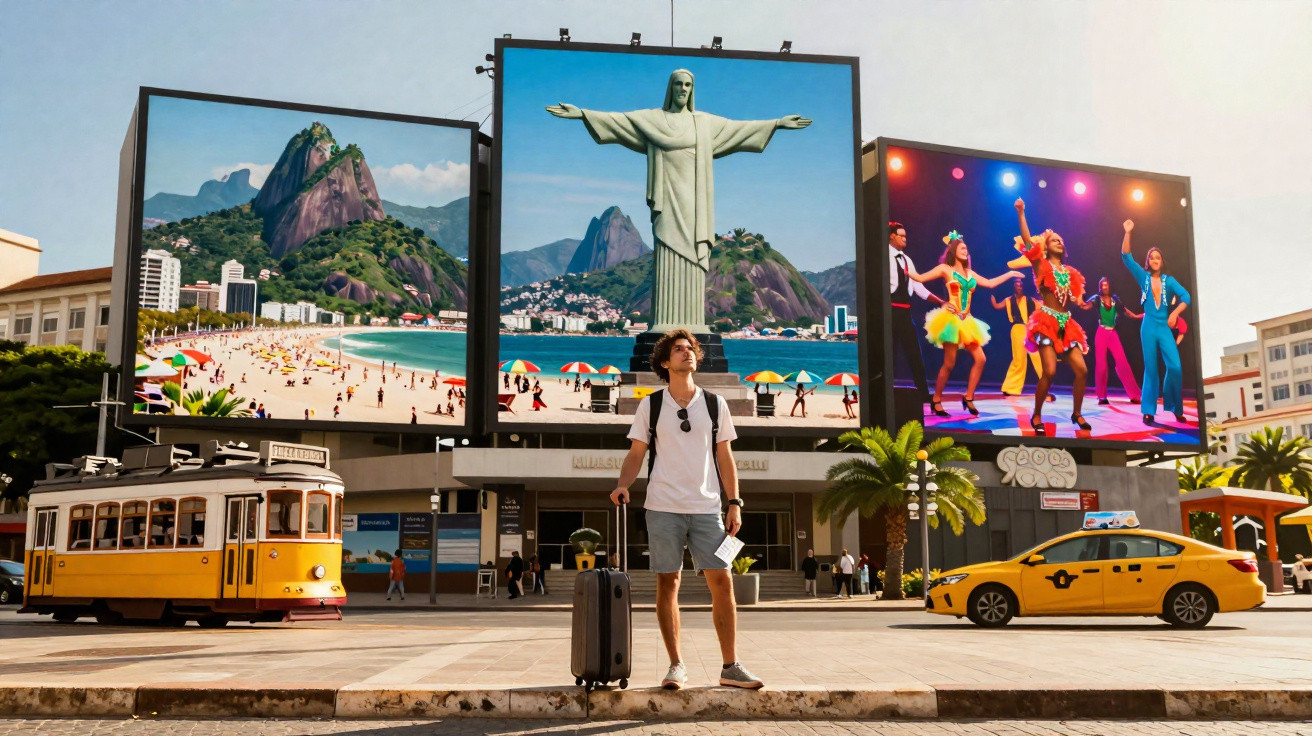 Homem com mala numa rua em frente a ecrãs grandes com imagens do Rio de Janeiro e dançarinos coloridos.