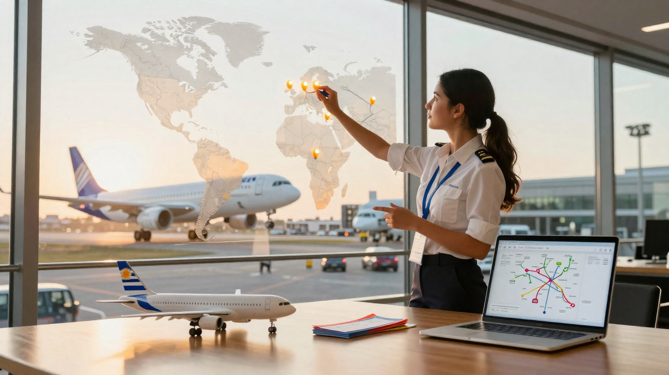 Mulher piloto em escritório no aeroporto assinala destinos num mapa mundial junto a modelo de avião e portátil.