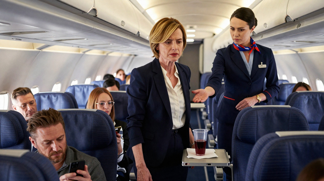 Passageira a ser repreendida por comissária no corredor de um avião, com outros passageiros ao fundo.