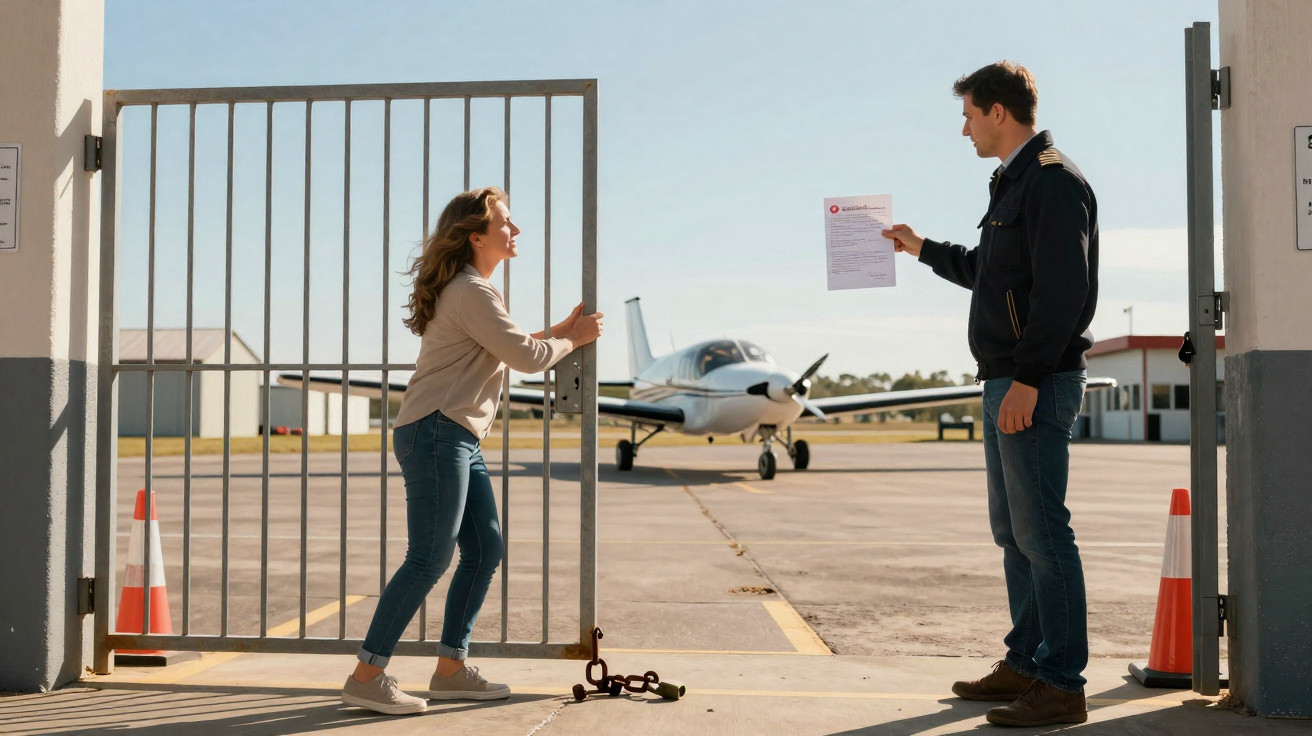 Homem com uniforme entrega documento a mulher enquanto ela abre portão de acesso a pista com avião pequeno.
