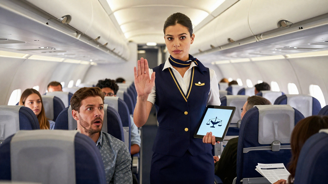 Comissária de bordo com tablet e mão levantada, parada no corredor de avião com passageiros sentados.