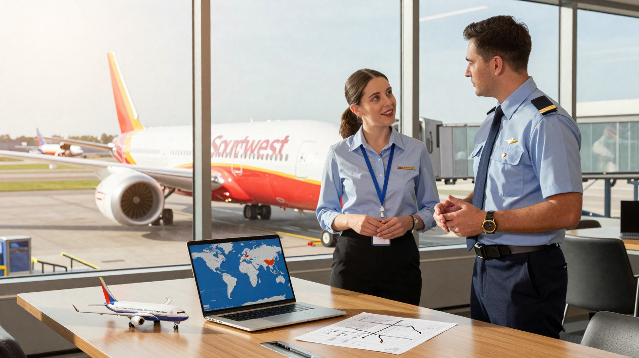 Homem e mulher em uniforme de aviação conversam junto a mesa com maquete de avião e portátil numa sala com vista para avião n