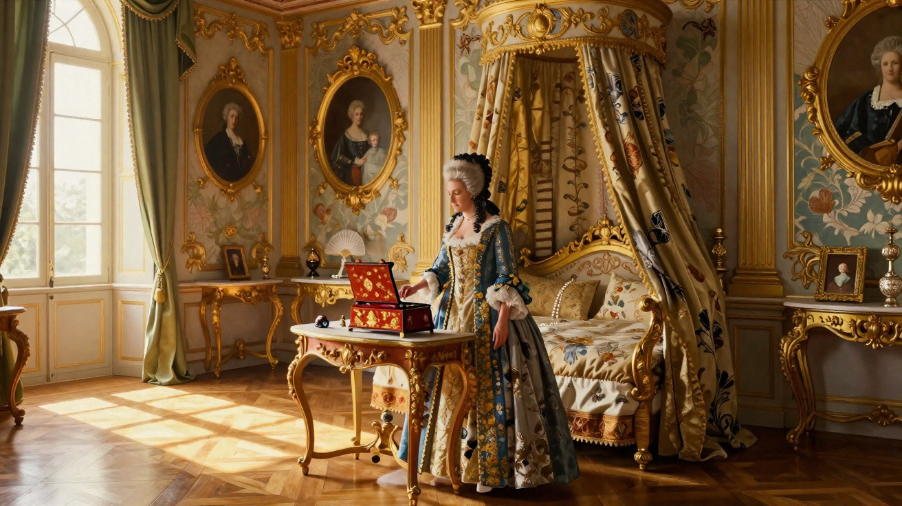 Mulher vestida com traje barroco junto a escrivaninha num quarto antigo decorado com pinturas e mobiliário dourado.
