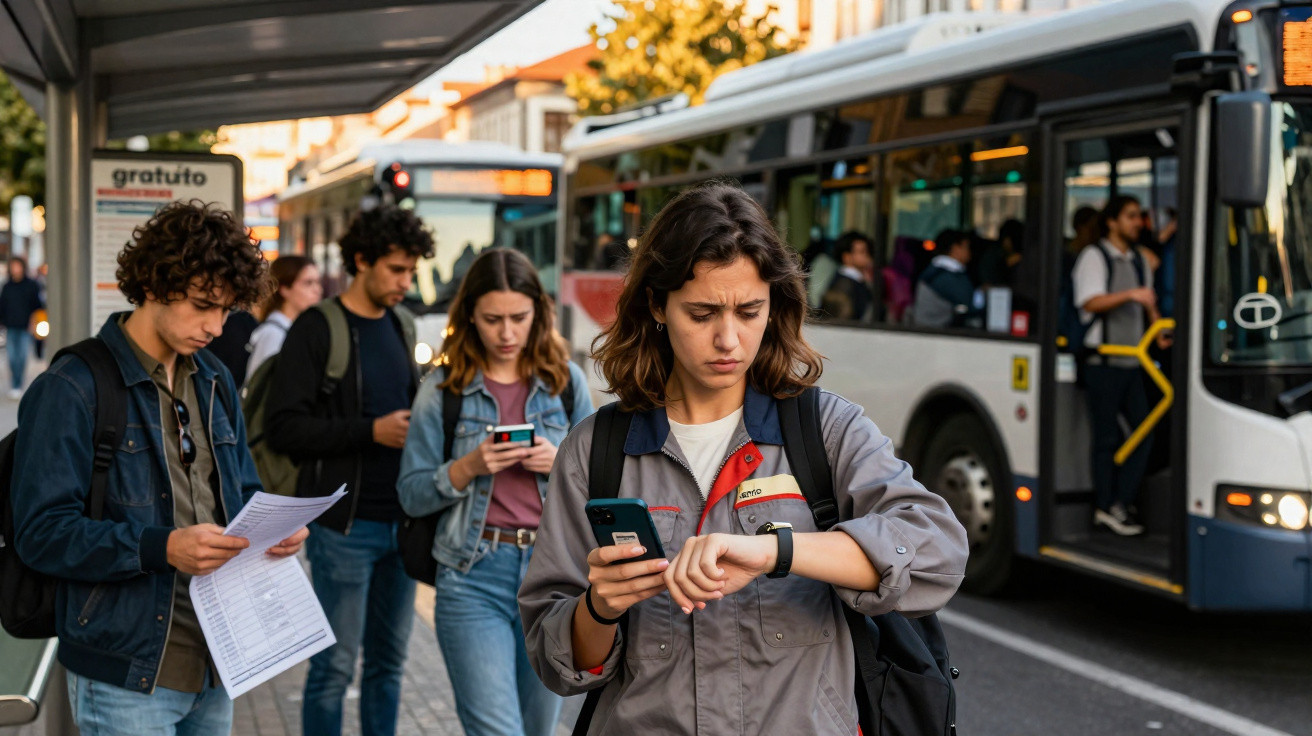 Jovens aguardam autocarro numa paragem, alguns verificam horários e outros o telemóvel e relógio.