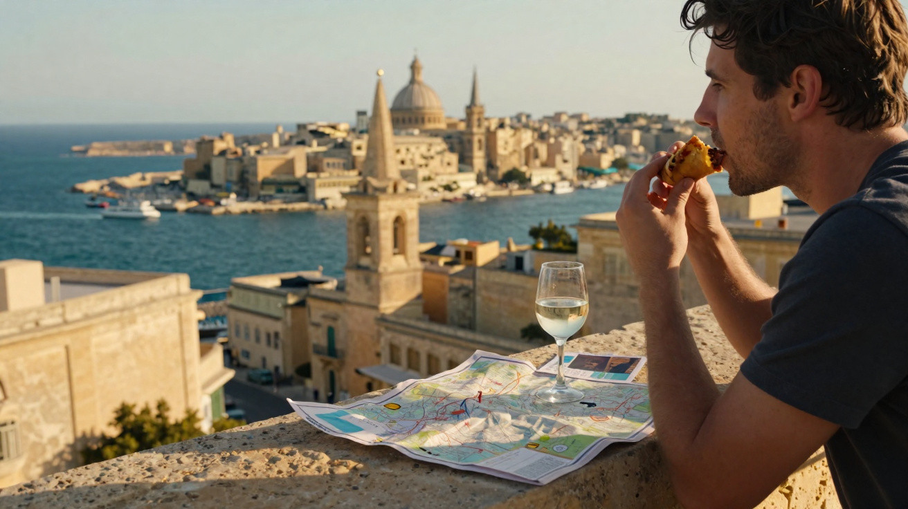 Homem a comer pizza com mapa e copo de vinho, vista para cidade costeira com igrejas e mar ao fundo.