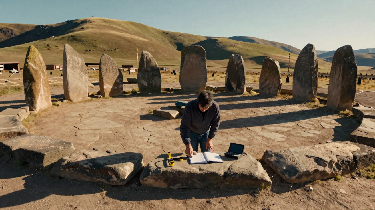Pessoa estudando livros e equipamentos no centro de círculo de pedras antigas em área montanhosa.