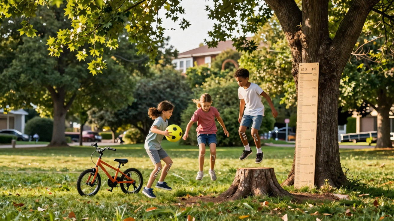 Três crianças a brincar no parque, uma com bola amarela, bicicleta no chão e regra de altura junto a uma árvore.