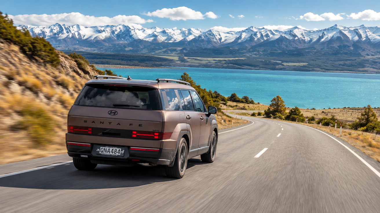 Carro Hyundai Santa Fe conduzindo numa estrada junto a lago azul e montanhas cobertas de neve ao fundo.