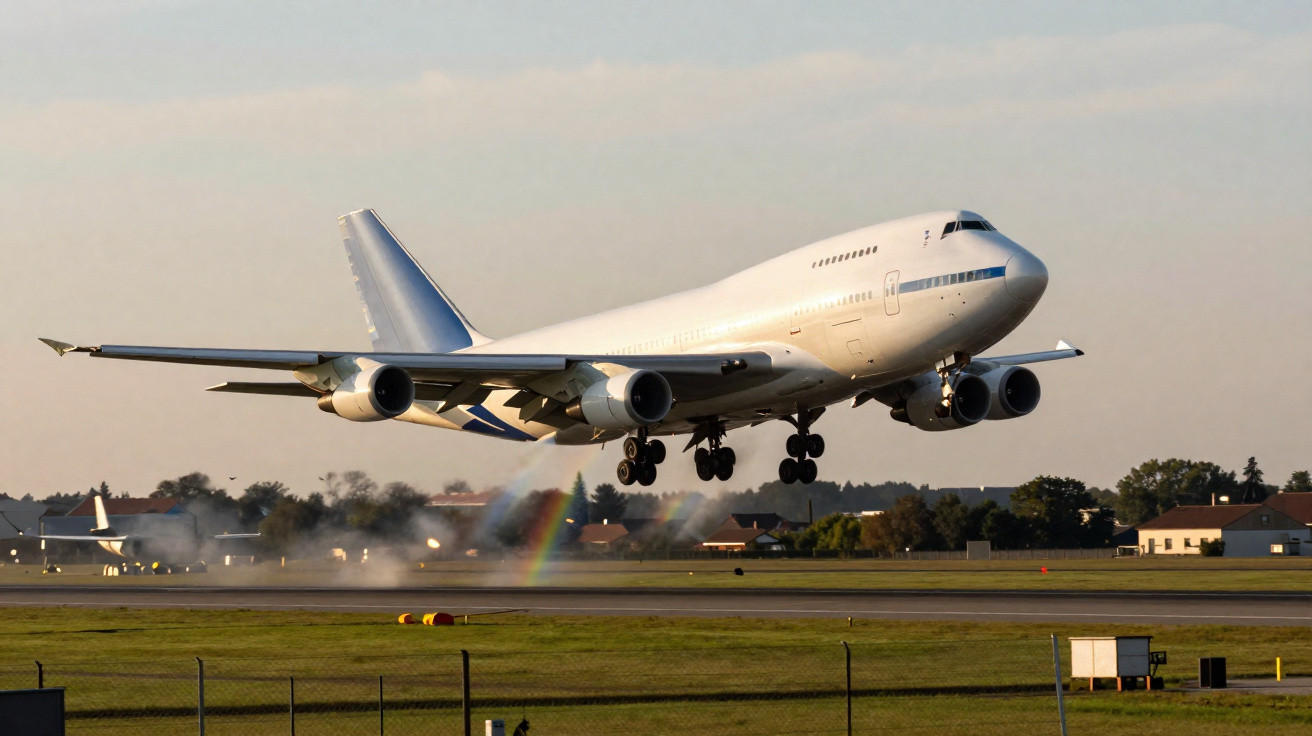 Avião branco a descolar numa pista de aeroporto com céu ao entardecer e casas ao fundo.