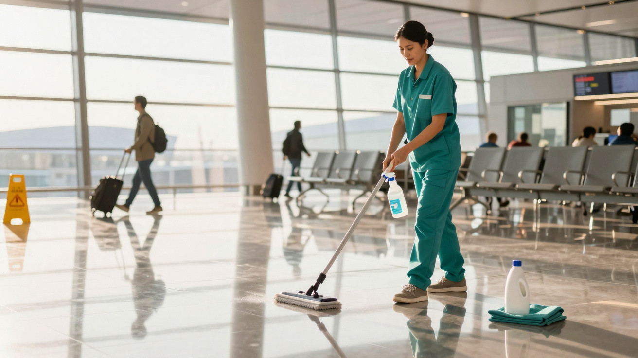 Mulher em uniforme verde a limpar chão de aeroporto com esfregona e spray desinfetante.