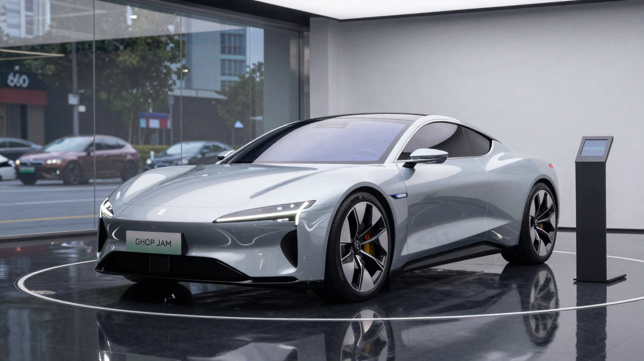 Carro desportivo elétrico cinzento moderno em exposição numa sala com chão preto brilhante.